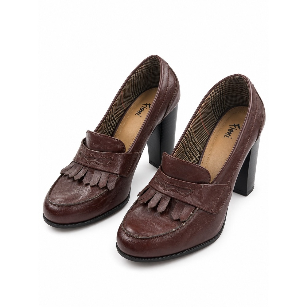 Fioni Vintage Y2K Brown Fringe Penny Loafer Pumps Heels Women's Size 7.5